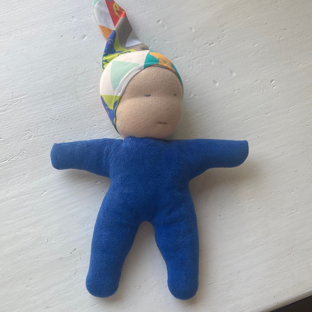 Handmade Blue Plush Baby Doll with Patterned Hat